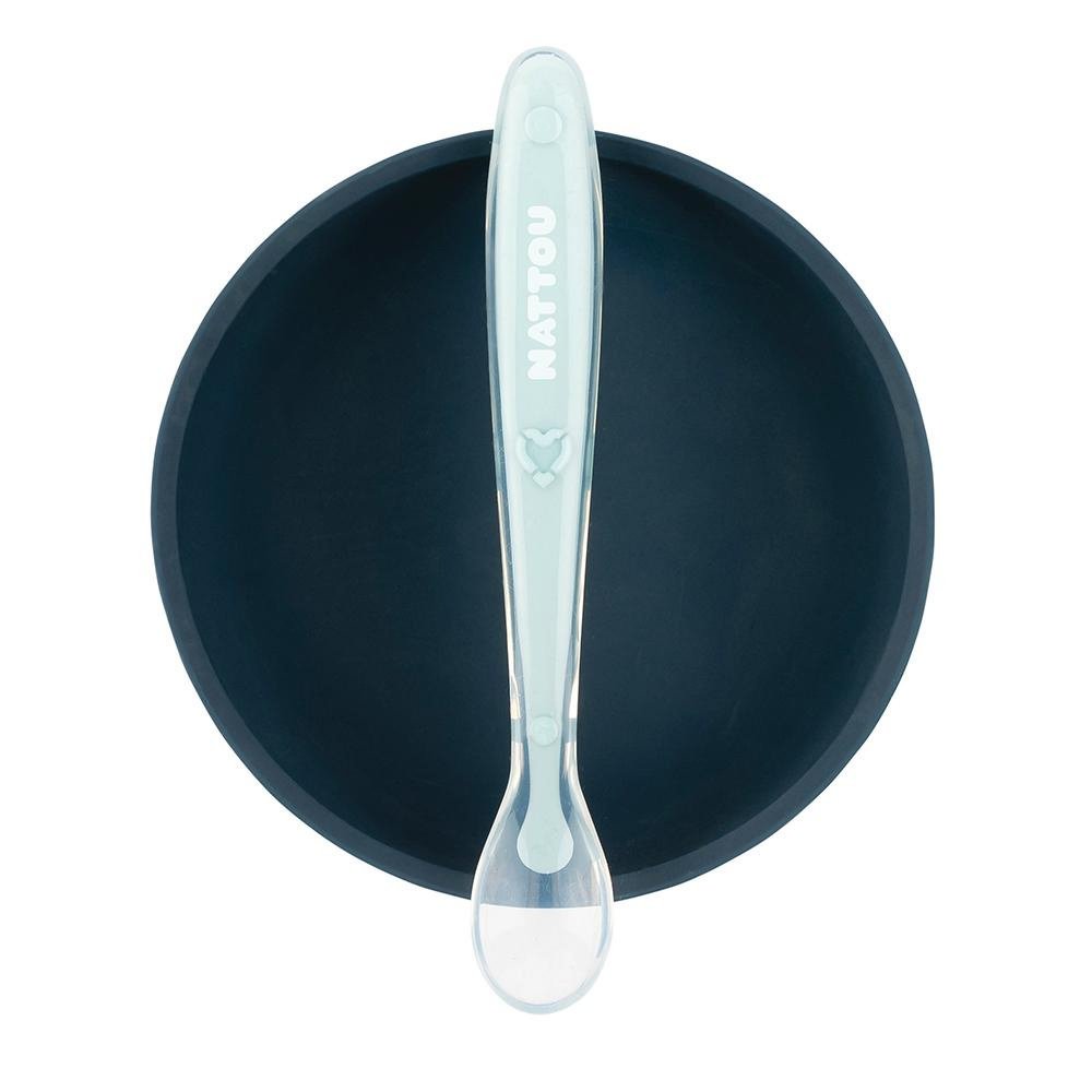 Nattou Silicon Σετ φαγητού 2 τεμαχίων μπολ-κουτάλι (σκούρο μπλε-γαλάζιο)