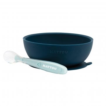 Nattou Nattou Silicon Σετ φαγητού 2 τεμαχίων μπολ-κουτάλι (σκούρο μπλε-γαλάζιο)