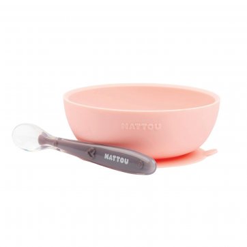 Nattou Nattou Silicon Σετ φαγητού 2 τεμαχίων μπολ-κουτάλι (ροζ-μωβ)